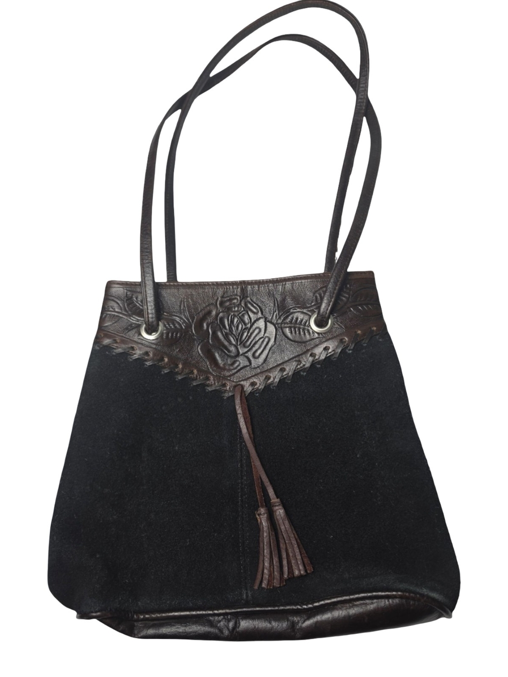Vintage Black Suede Leather Floral Tooled Western Shoulder Bag Tassel Purse